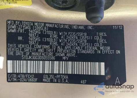 2013 Toyota Sienna Le 7 Passenger z USA, uszkodzony, nr VIN 5TDJK3DC0DS055586